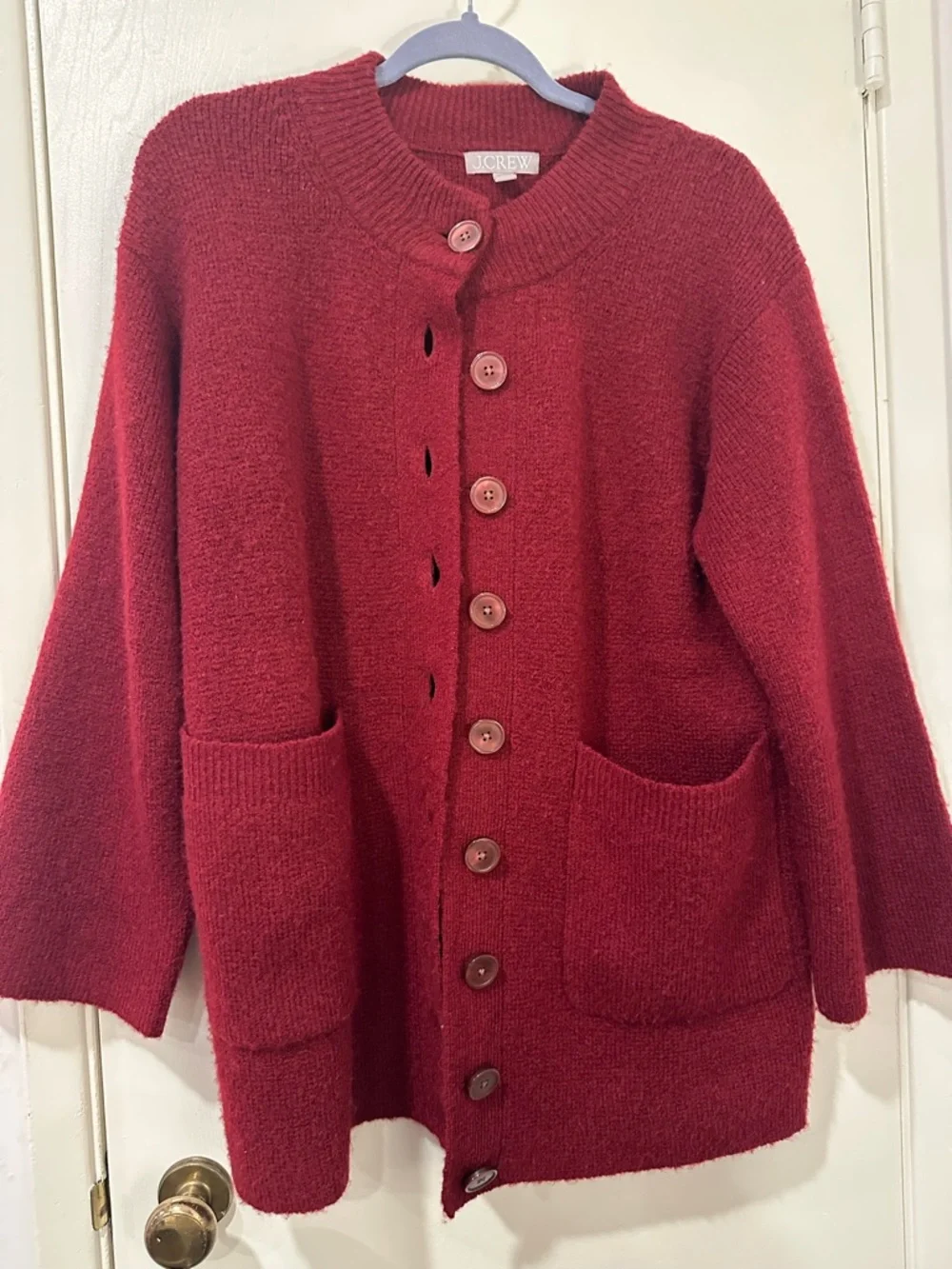 J. Crew Deep Red Button-Front Merino Wool Blend Cardigan/Sweater Jacket - Picture 2 of 4